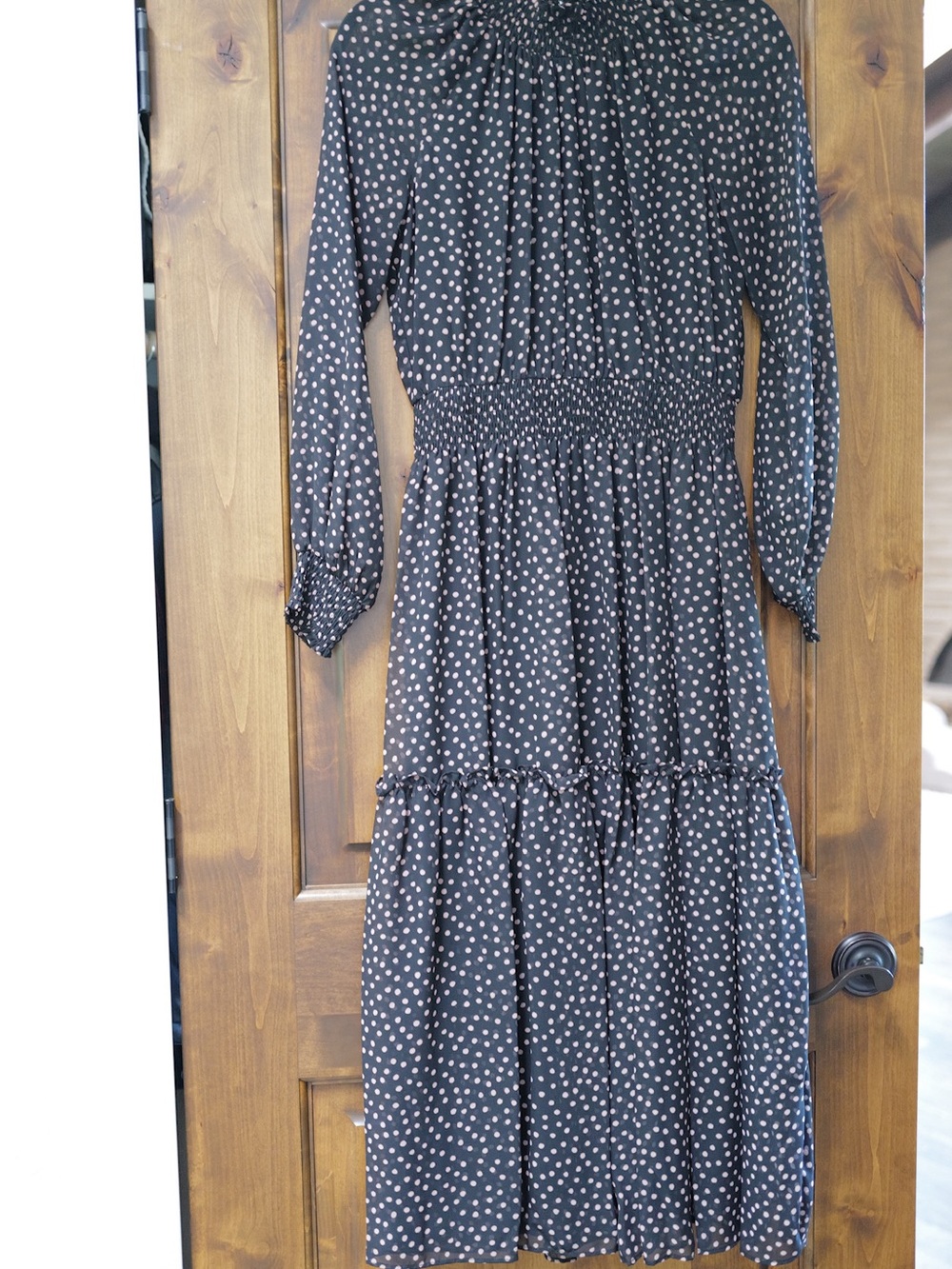 Black Polka Dot Long Sleeve Smocked Midi Dress